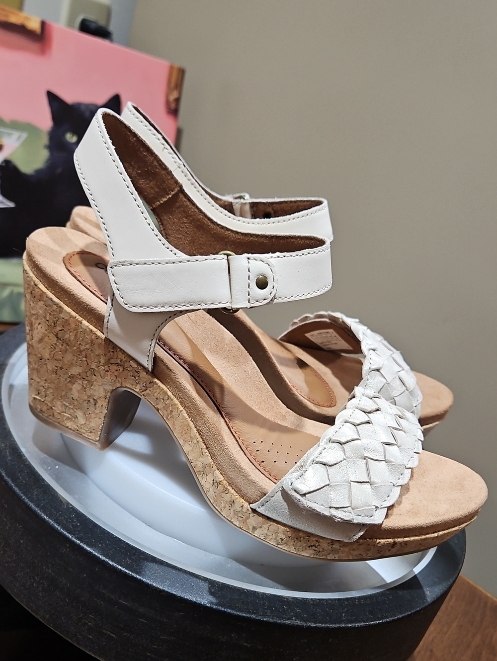 Rockport Cobb Hill Off-White W Silver Shimmer Woven Cork Block-Heel Sandals